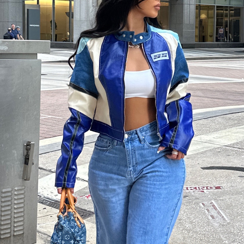 Faux leather denim Moto biker racing jacket